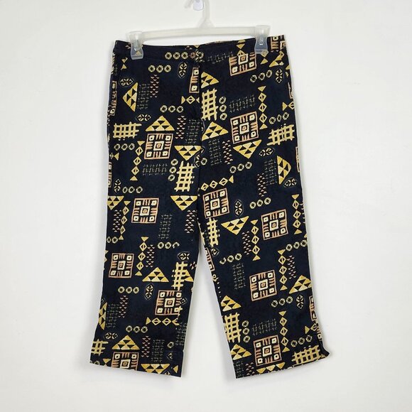 Vtg 90s Banana Bay Resort Wear Capri Pant Geometric Print 4 Pockets Navy Yellow - Picture 2 of 16